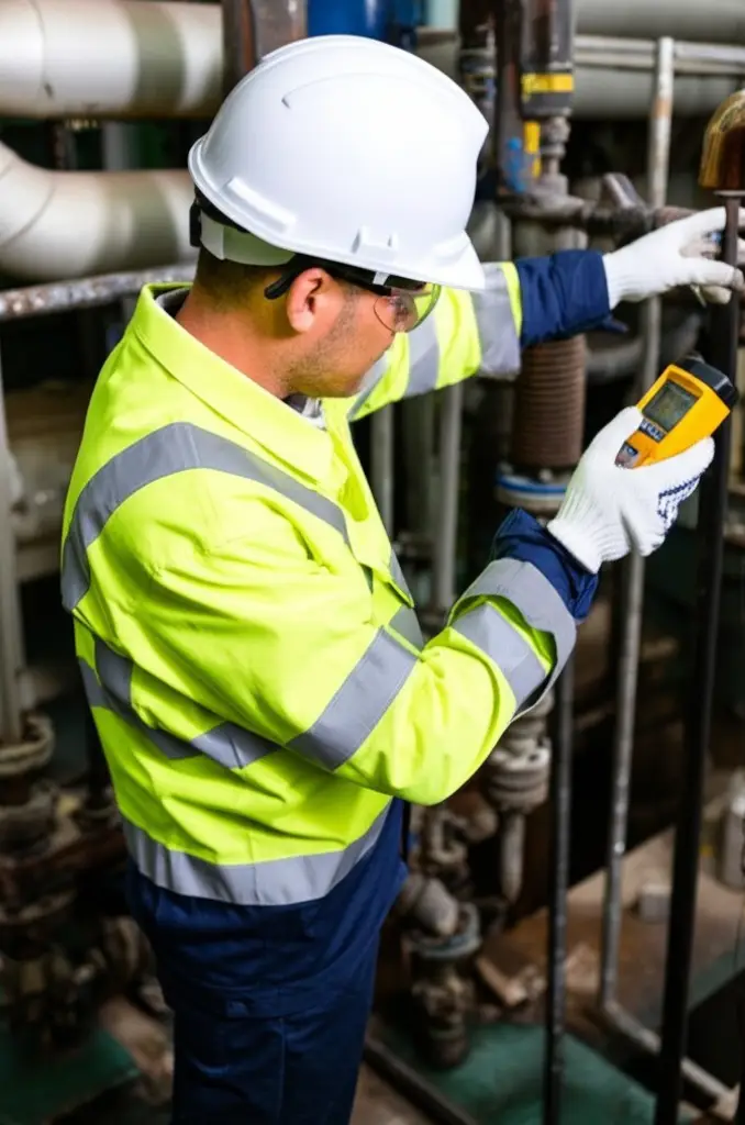 Portrait image of a noise assessment inspector taking measurements with a sound level meter in a typical Australian factory environment, wearing appropriate personal protective equipment.