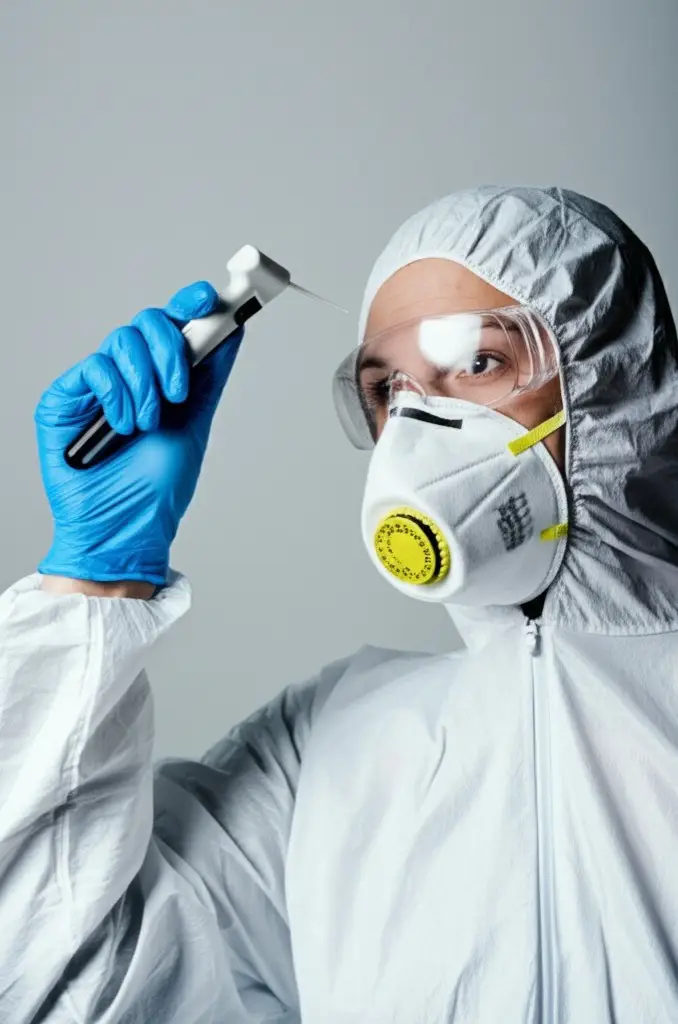 Professional mould inspector using moisture meter and collecting samples in a property with visible mould growth